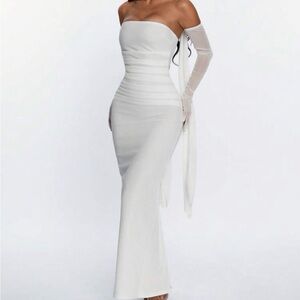 SHEIN White Strapless Ruched Mermaid Evening Dress with Gloves and scarf